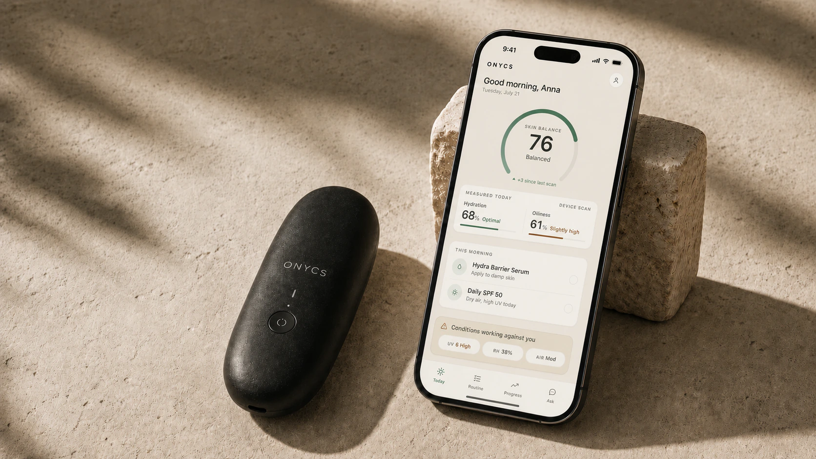 ONYCS device and app on natural stone