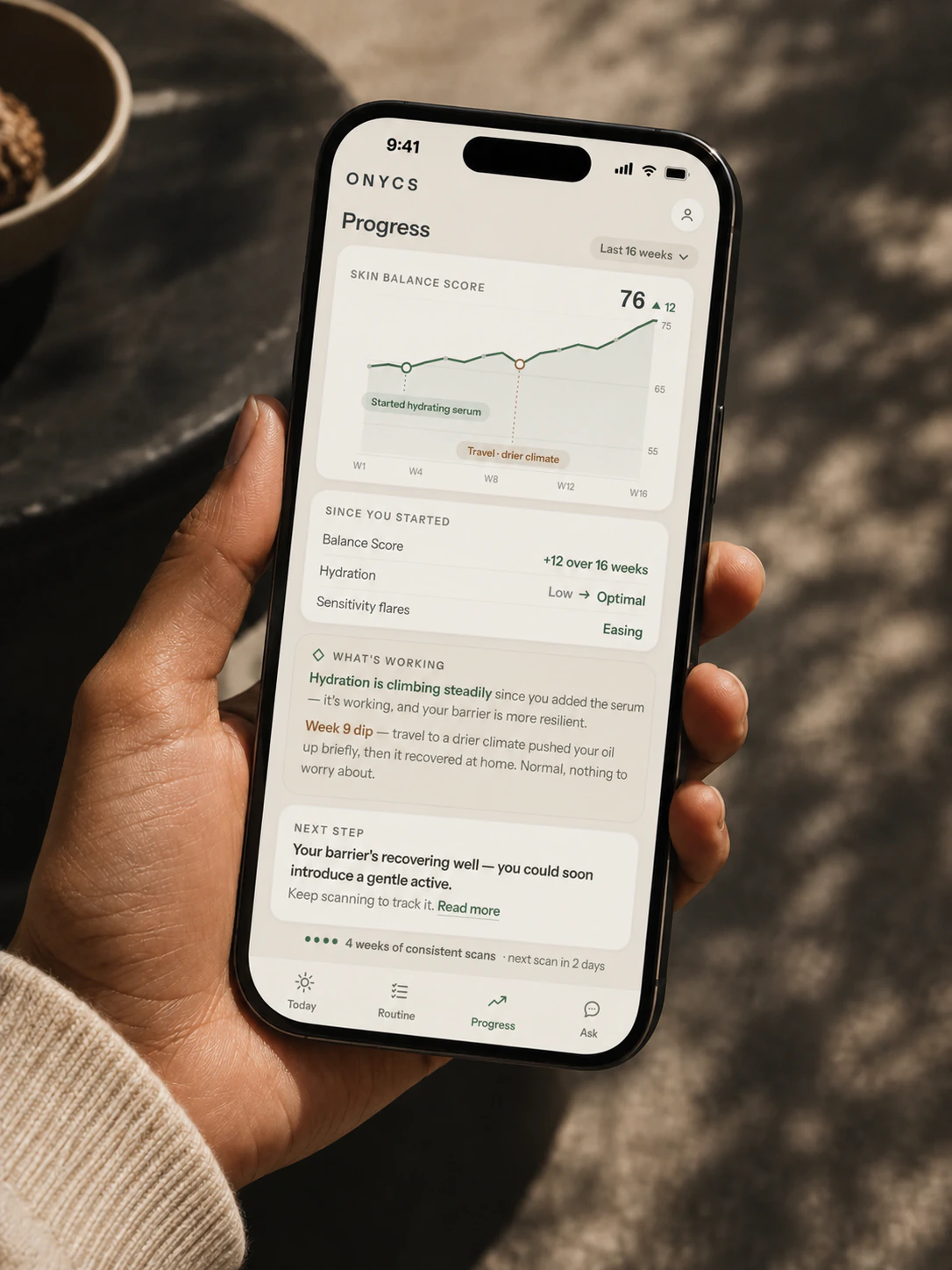 ONYCS app showing how the user's skin changes over time
