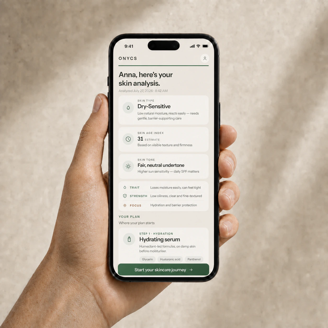 ONYCS app showing a personalized skin analysis